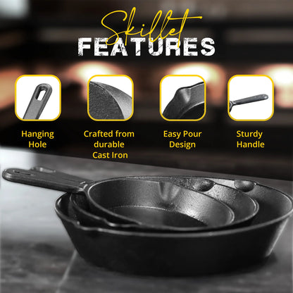 【New Year Deal】Utopia Kitchen 3-Piece Black Cast Iron Skillet Set - Pre-Seasoned Frying Pans 6", 8", 10" - Oven, Stove, Grill, Campfire Safe - Easy to Use Cookware