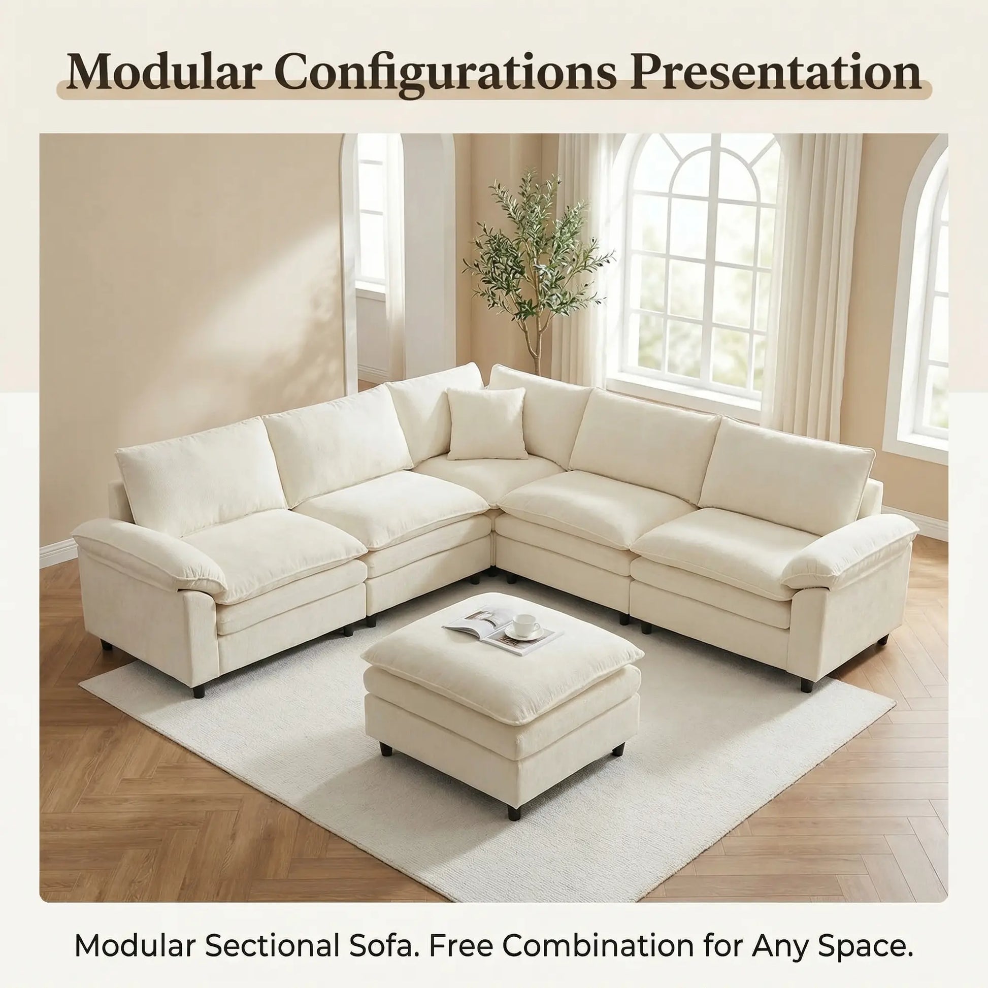 Experience Ultimate Comfort with the HIPIHOM Modern U-Shaped Cloud Sofa: A 3-Seater Modular Sectional Featuring 2 Movable Ottomans in Luxurious Chenille Fabric for a Stylish and Versatile Living Room