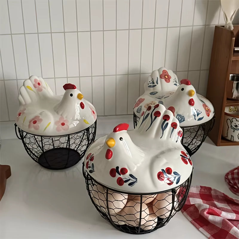 Ceramic Hen-Shaped Egg Basket with Lid - Rustic Kitchen Organizer for Fruits and Vegetables