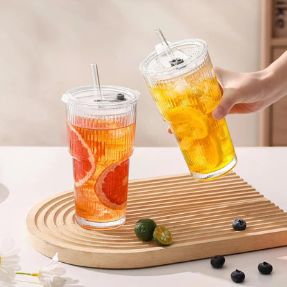 19Oz Ribbed Glass Tumblers 4-Pack with Lids & Straws | Thickened Leak-Proof Cups for Iced Coffee, Iced Drinks, Travel & Daily Use