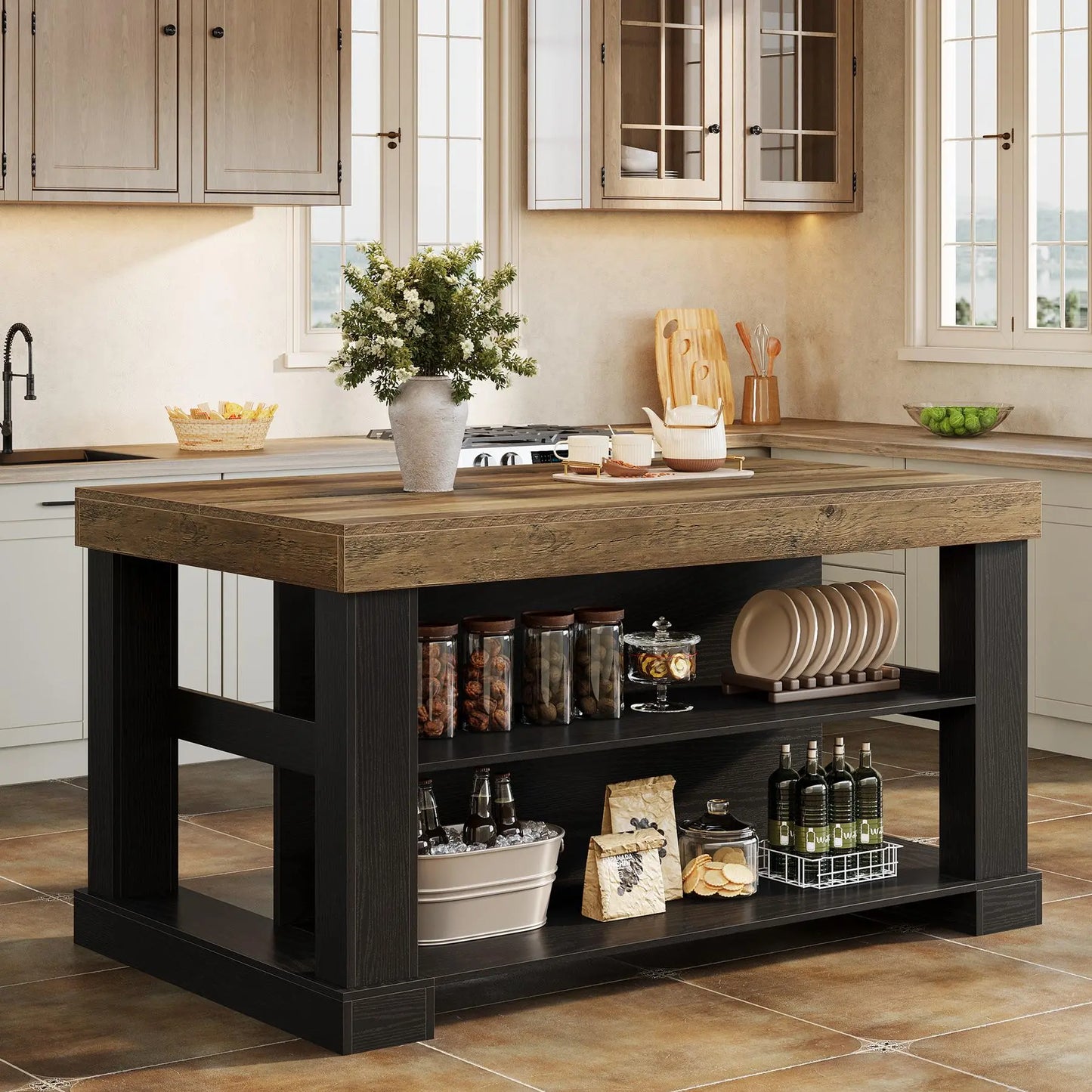 Transform Your Kitchen with the Tribesigns Light Brown Kitchen Island – Stylish 3-Shelf Design, 55 Inches Wide, Effortless Assembly!