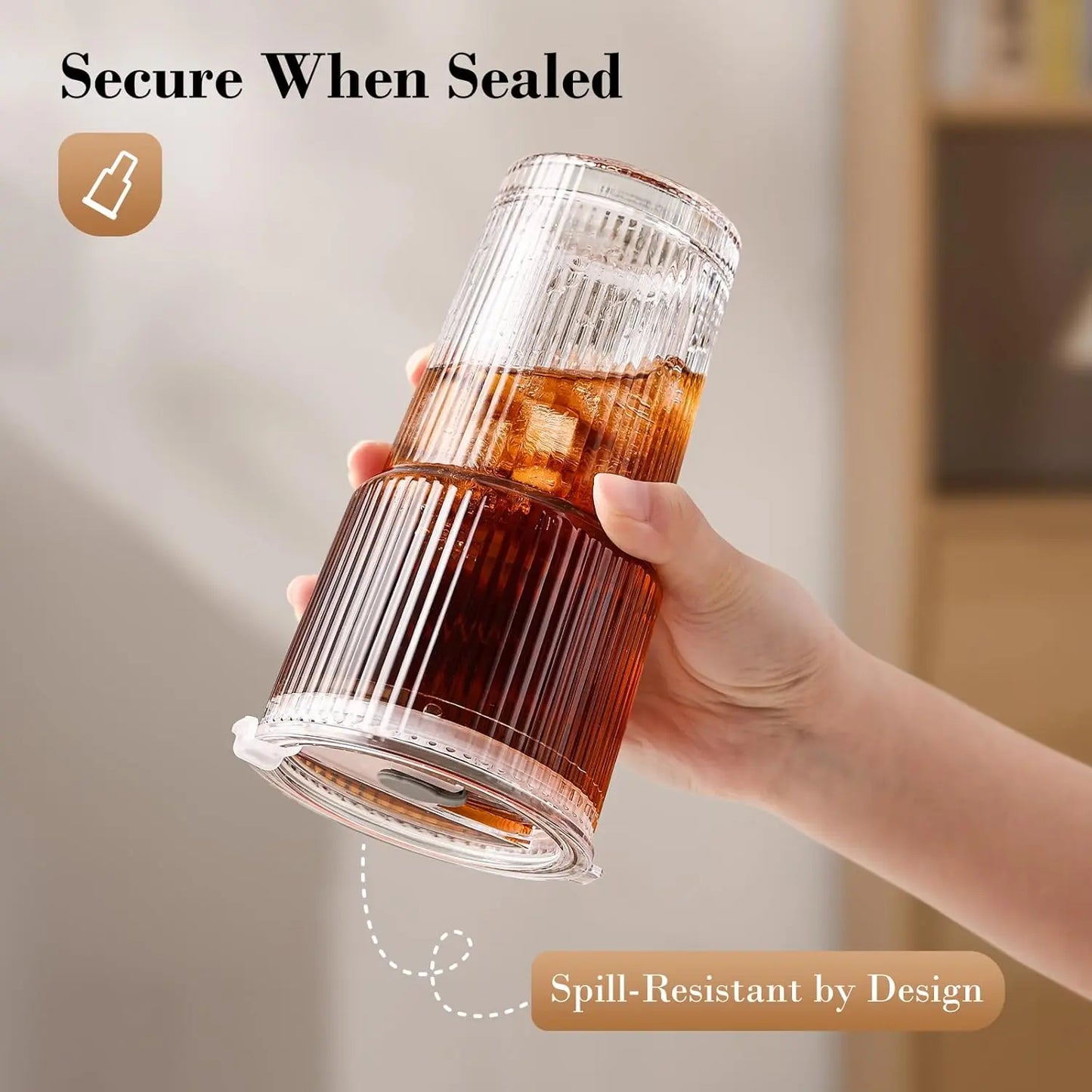 19Oz Ribbed Glass Tumblers 4-Pack with Lids & Straws | Thickened Leak-Proof Cups for Iced Coffee, Iced Drinks, Travel & Daily Use