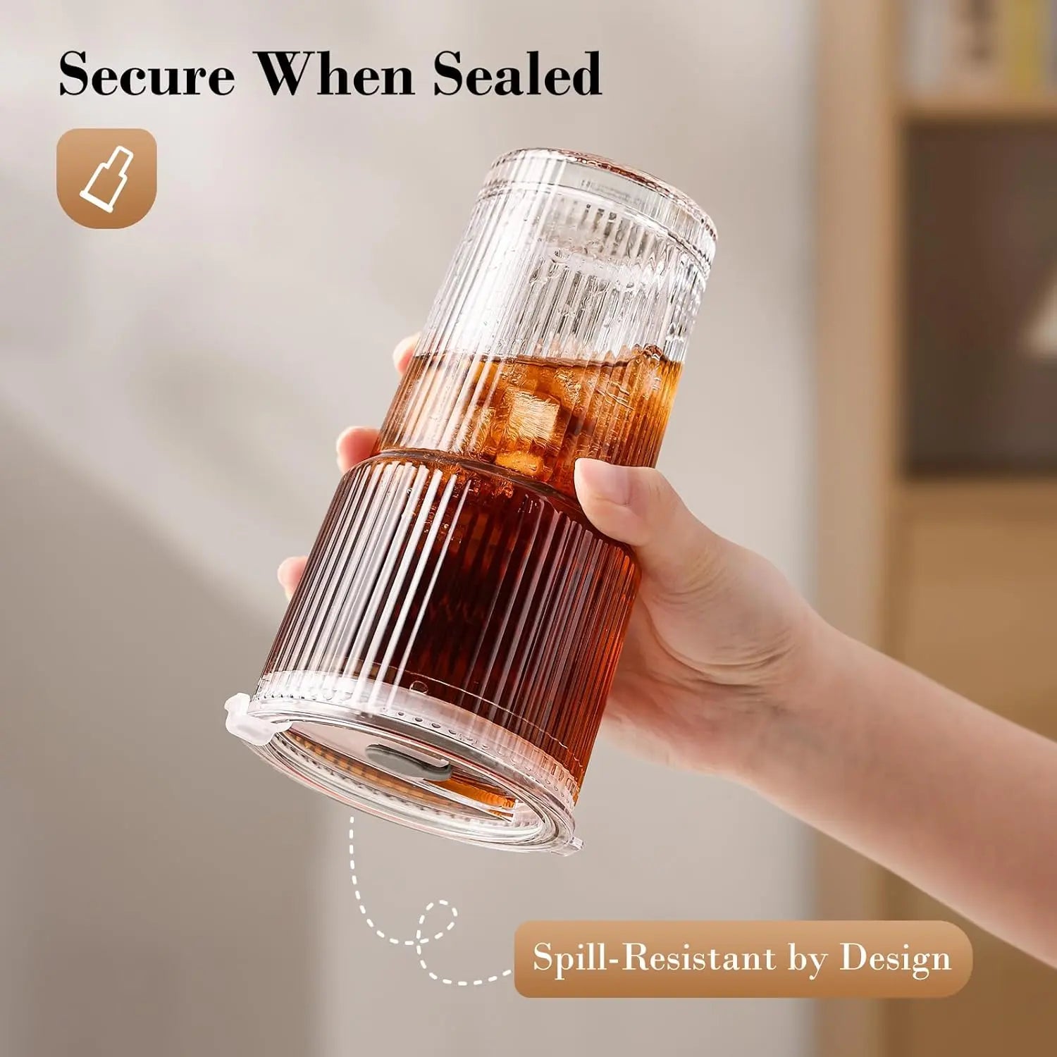 19Oz Ribbed Glass Tumblers 4-Pack with Lids & Straws | Thickened Leak-Proof Cups for Iced Coffee, Iced Drinks, Travel & Daily Use