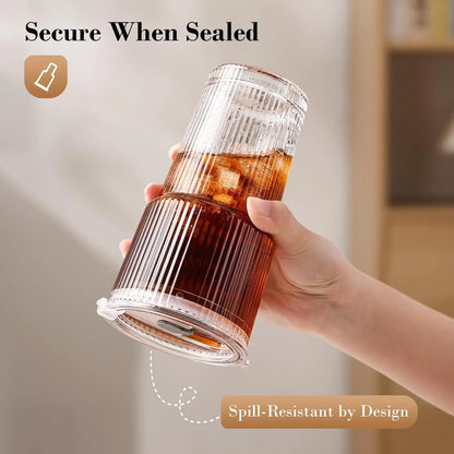 19Oz Ribbed Glass Tumblers 4-Pack with Lids & Straws | Thickened Leak-Proof Cups for Iced Coffee, Iced Drinks, Travel & Daily Use