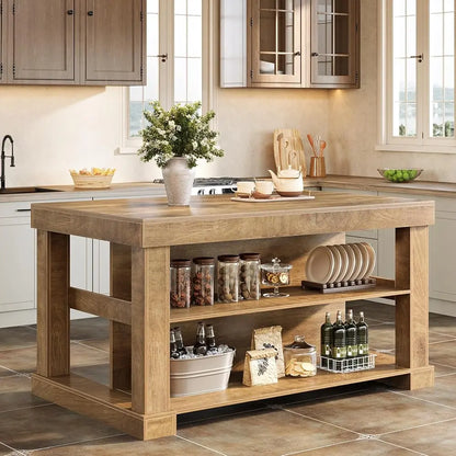 Transform Your Kitchen with the Tribesigns Light Brown Kitchen Island – Stylish 3-Shelf Design, 55 Inches Wide, Effortless Assembly!