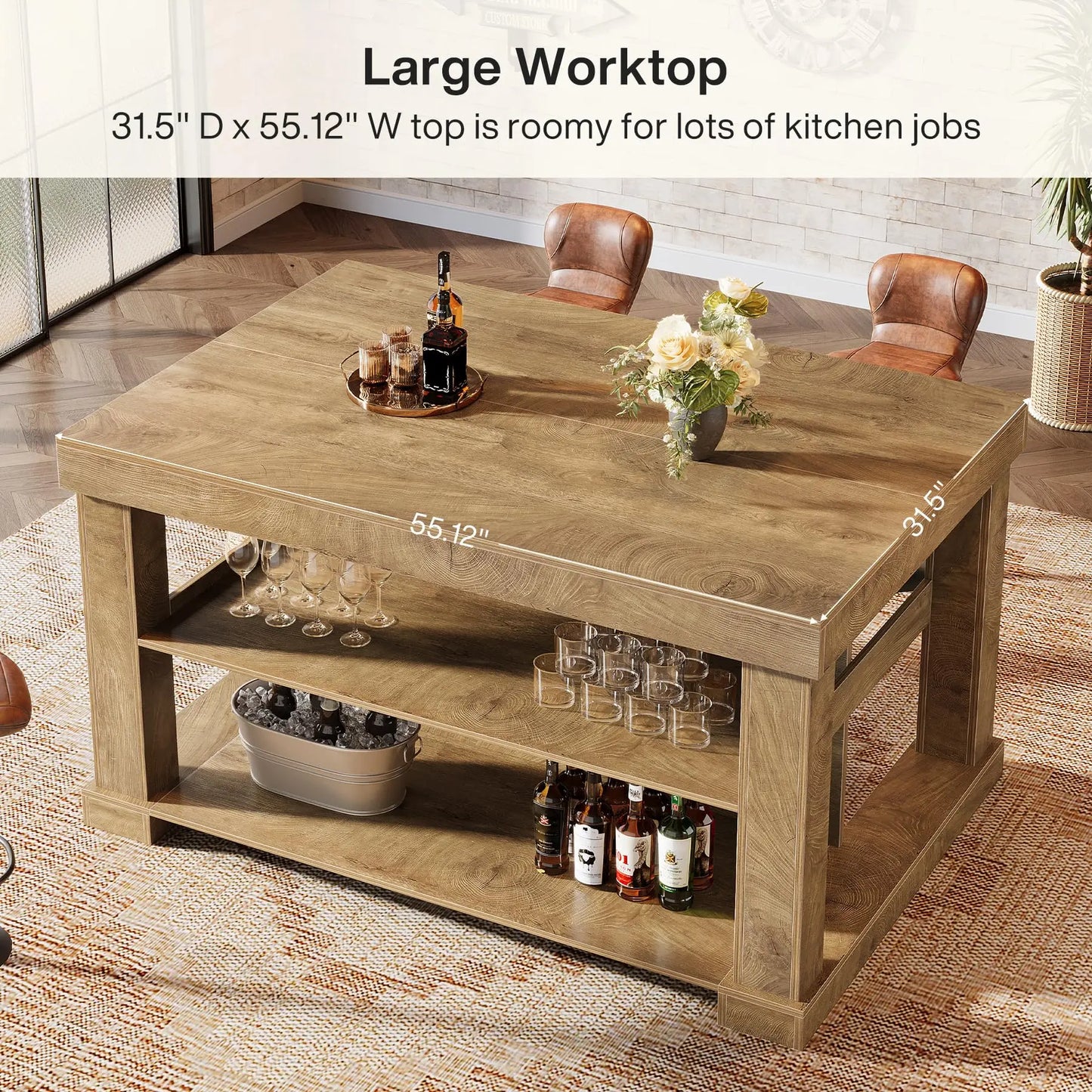 Transform Your Kitchen with the Tribesigns Light Brown Kitchen Island – Stylish 3-Shelf Design, 55 Inches Wide, Effortless Assembly!