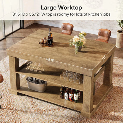 Transform Your Kitchen with the Tribesigns Light Brown Kitchen Island – Stylish 3-Shelf Design, 55 Inches Wide, Effortless Assembly!