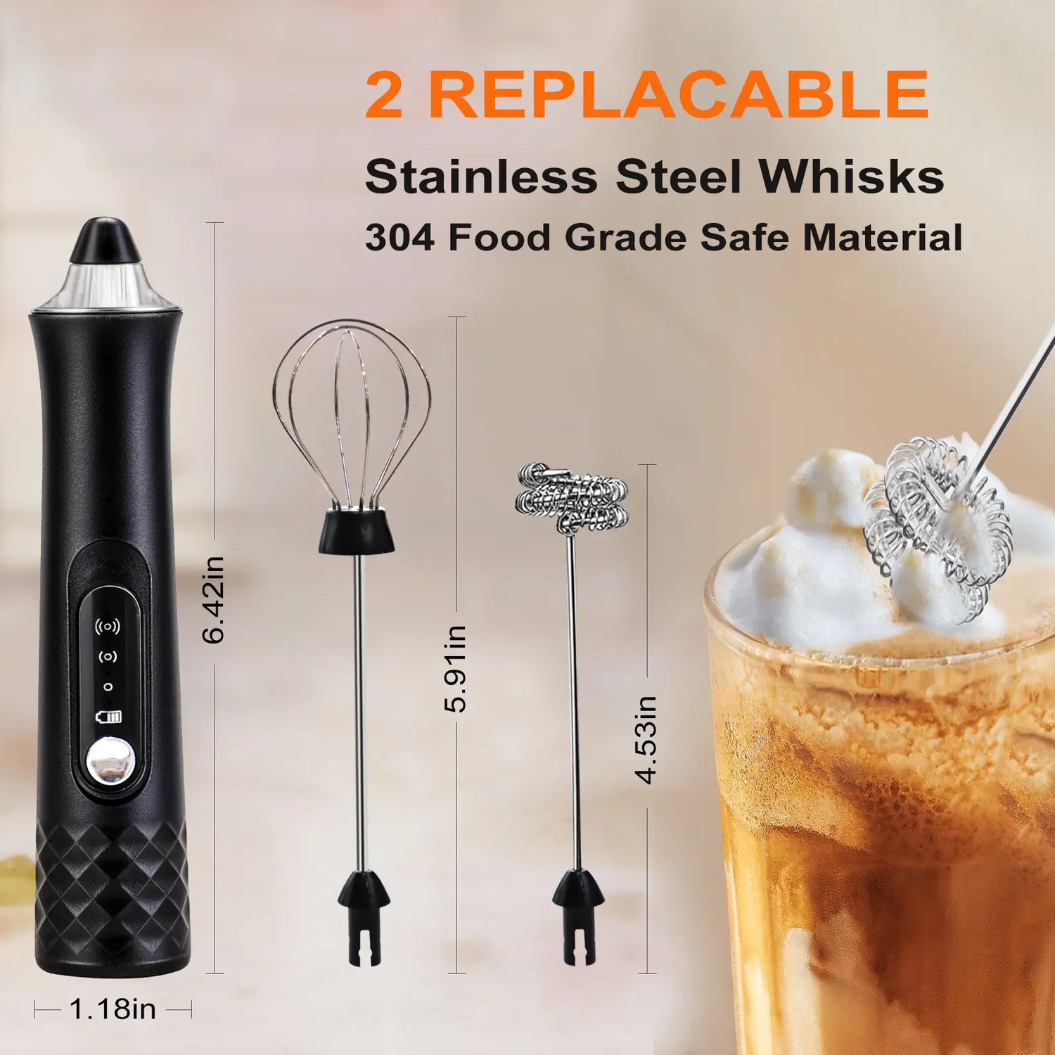 Kallodear Rechargeable Milk Frother,Milk Frother Handheld with 2 Heads 3 Speeds,Coffee Mixer,Electric Milk Bubbler,Detachable Stainless Steel Whisk for Cappuccino,Matcha,Juice,Latte,,Egg (Black)