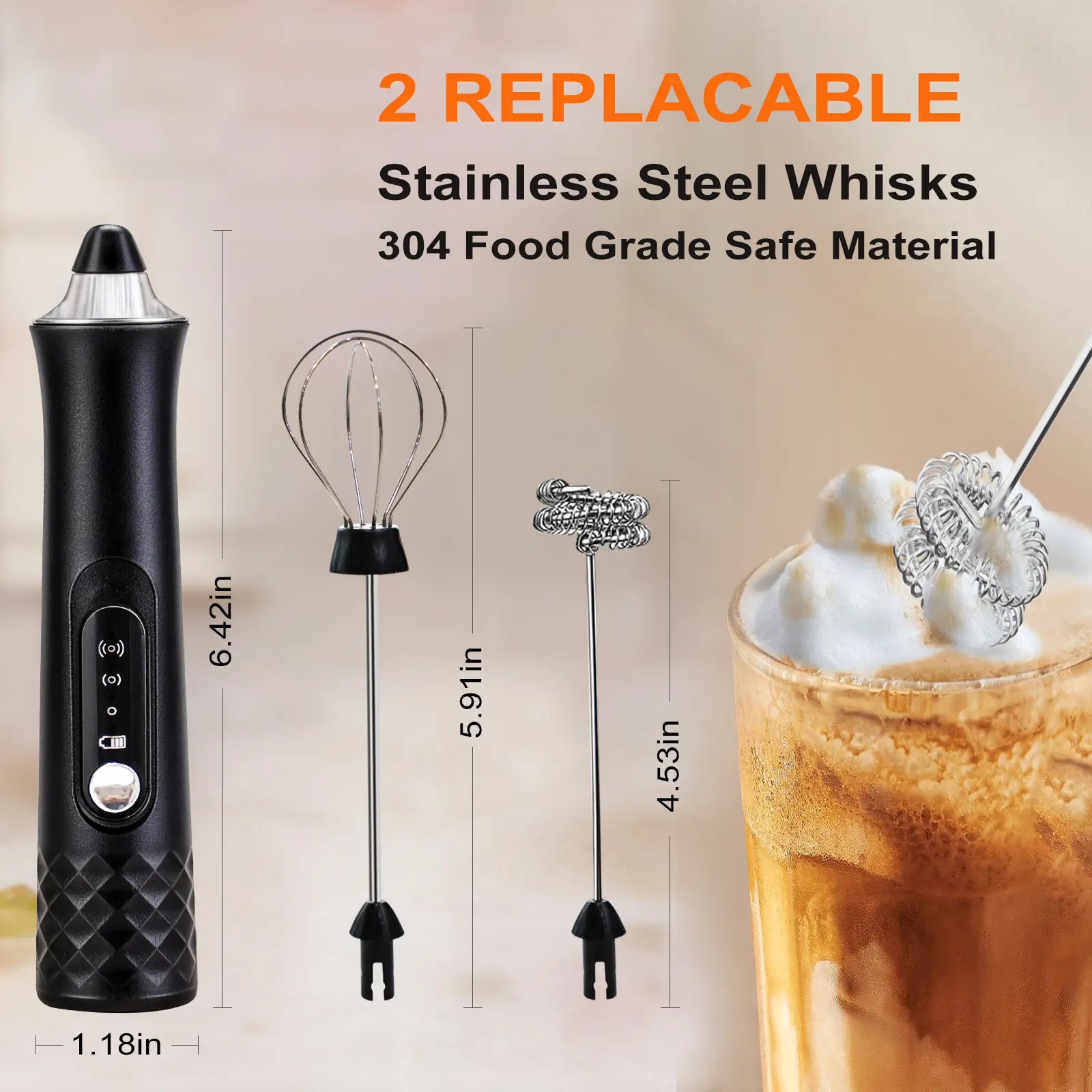 Kallodear Rechargeable Milk Frother,Milk Frother Handheld with 2 Heads 3 Speeds,Coffee Mixer,Electric Milk Bubbler,Detachable Stainless Steel Whisk for Cappuccino,Matcha,Juice,Latte,,Egg (Black)