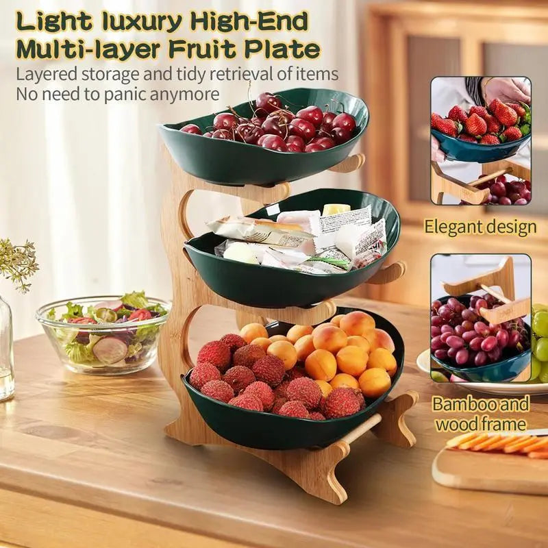 2/3 Tier Fruit Basket, 1 Count Large Capacity Tiered Fruit Basket Stand, Bamboo Fruit Basket Fruit Tray Snack Nuts Bread Candy Organizer Storage Rack, Dessert Table Stand