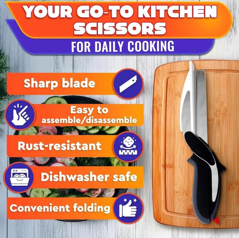 Versatile 2-in-1 Kitchen Scissors with Stainless Steel Blades – Perfect for Cutting Tomatoes, Fruits, Vegetables, Meat, and Cheese | Includes Safety Lock and Plastic Cutting Board