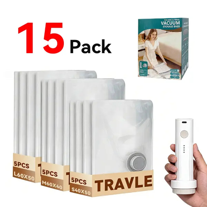 【2026 Upgraded】Cordless Travel Vacuum Storage Compression Bag Set with Rechargeable Air Pump 9/15 Pack Waterproof & Reusable Compression Packing Bags for 3 Size,140L/Min Powerful Air Removal，Perfect for Carry-On Suitcases