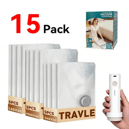 【2026 Upgraded】Cordless Travel Vacuum Storage Compression Bag Set with Rechargeable Air Pump 9/15 Pack Waterproof & Reusable Compression Packing Bags for 3 Size,140L/Min Powerful Air Removal，Perfect for Carry-On Suitcases