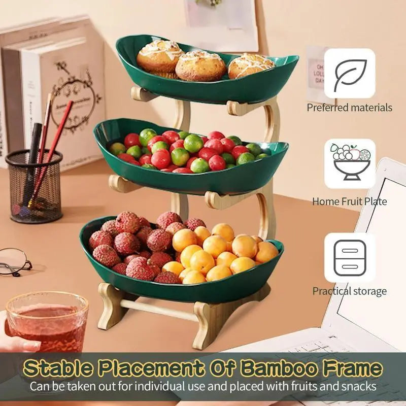 2/3 Tier Fruit Basket, 1 Count Large Capacity Tiered Fruit Basket Stand, Bamboo Fruit Basket Fruit Tray Snack Nuts Bread Candy Organizer Storage Rack, Dessert Table Stand